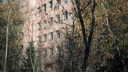 destroyed and burned houses in the city in Ukraine