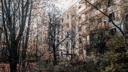 destroyed and burned houses in the city in Ukraine