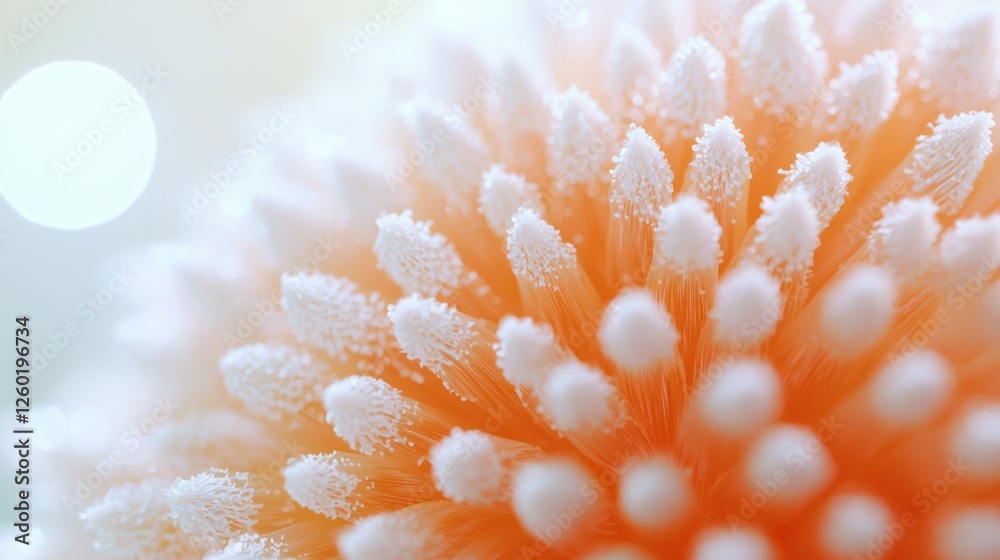 Poster the enchanting complexity of a fluffy textured ball, showcasing vibrant orange and white filaments t