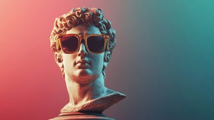 Classical sculpture of a young man wearing sunglasses against a vibrant background