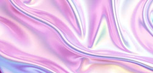Obraz premium Dazzling Holographic Texture with Fluid Pastel Gradient Patterns, A shimmering, iridescent fabric texture with soft folds and pastel colors, vibrant, iridescent fabric texture in shades of pink 