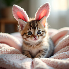 Playful Kitten Wearing Pink Bunny Ears In style of High-resolution, realistic photograph For Social Media and Product Promotion, Warm Indoor Lighting and Soft-focus Background