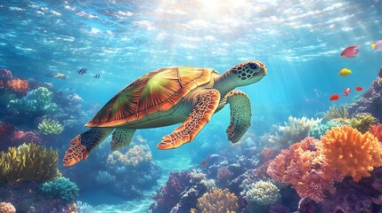 Obraz premium A beautiful sea turtle gracefully swims in the ocean waters
