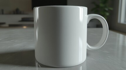 Obraz premium Minimalist White Ceramic Mug on a Stylish Kitchen Countertop in Natural Morning Light
