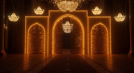 Ornate Golden Doorway with Chandeliers Creates a Luxurious and Regal Atmosphere