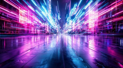 Vibrant Neon Lights Reflecting on Wet City Pavement at Night