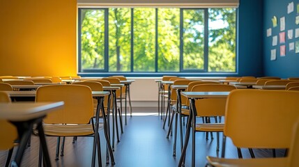 Classrooms, close-up of neatly arranged desks and chairs, natural lighting