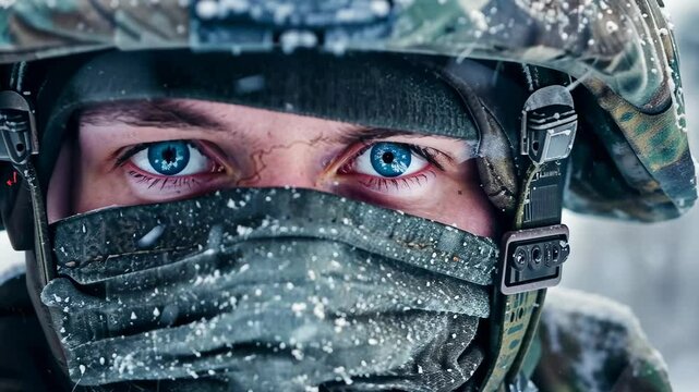 A soldier dressed in winter camouflage faces the harsh elements, snowflakes settling on his helmet and mask, exemplifying perseverance and focus amidst the frigid climate.