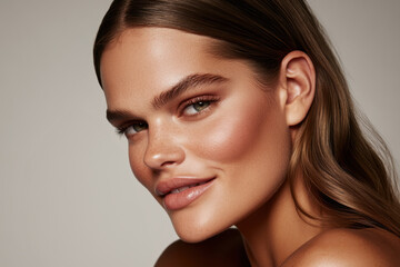 Fototapeta premium Stunning Portrait of Smiling Woman with Perfect Makeup and Glowing Skin
