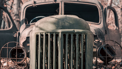 rusty military truck cab in the Chernobyl forest close up