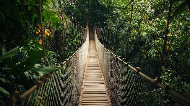 Fototapeta Suspended rope bridge stretching through a dense tropical jungle. Lush greenery surrounds the adventurous pathway, creating an immersive nature experience. Generative AI