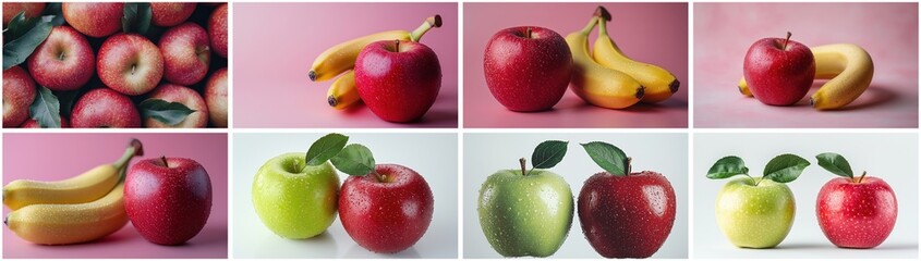 Still Life Photography of Red and Green Apples with Yellow Bananas on Pink and White Backgrounds