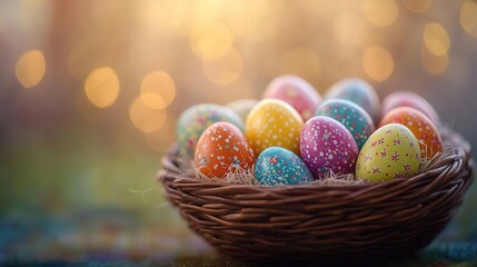 Easter, close-up of vibrant Easter eggs in a basket, soft lighting