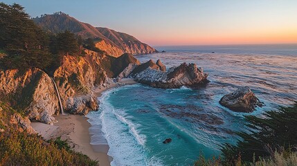 Majestic coastal cliffs with waves crashing against the rugged shoreline. Golden sunlight highlights the dramatic textures of the rocks and sea spray. Generative AI.