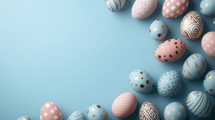 Modern Easter egg wallpaper featuring geometric patterns, metallic accents, and pastel shades on blue background. Artistic and festive holiday design. Copy space