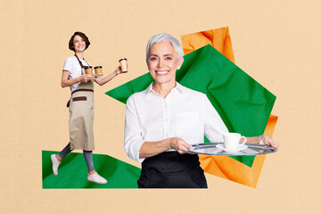Trend composite sketch template photo collage of team young aged woman smile cafe hold coffee cup order waitress vacancy entrepreneur hr