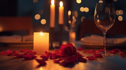 Valentine's Day 2024 couple enjoying a candlelit dinner with rose petals. A romantic scene emphasizing intimacy and love. Perfect for content and marketing. Table with candlelight and rose petals.