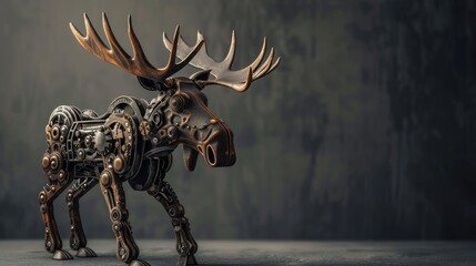 A cybernetic moose standing against a dark background, showcasing an industrial, rusted mechanical structure. The AI-generated futuristic wildlife blends organic and robotic elements in a sci-fi style