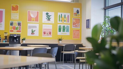 Modern cafeteria with wooden tables, stools, and menu posters on the wall. Industrial-style interior with large windows, green plants, and food advertisements. Comfortable dining space. Generative AI.