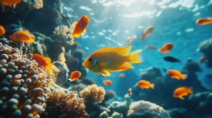 Fototapeta premium Marine life, close-up of colorful coral reefs and fish underwater