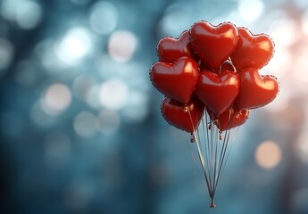 Shiny Red Heart Balloons Floating Against a Soft Blue Background
