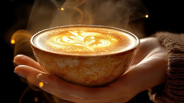 Warm Coffee Delight: A pair of hands cradles a steaming cup of meticulously crafted coffee with artistic latte art, inviting a moment of warmth and indulgence.