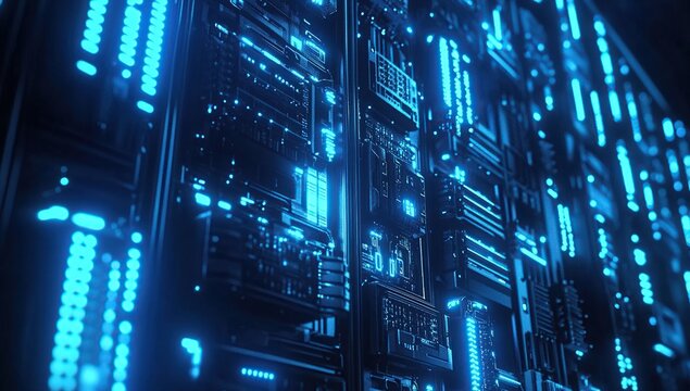 Exploring Futuristic Server Racks:  Blue Neon Lights Illuminate Advanced Data Center Technology