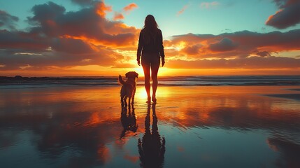 silhouette of a woman walking with her adorable dog on the beach shore orange and blac