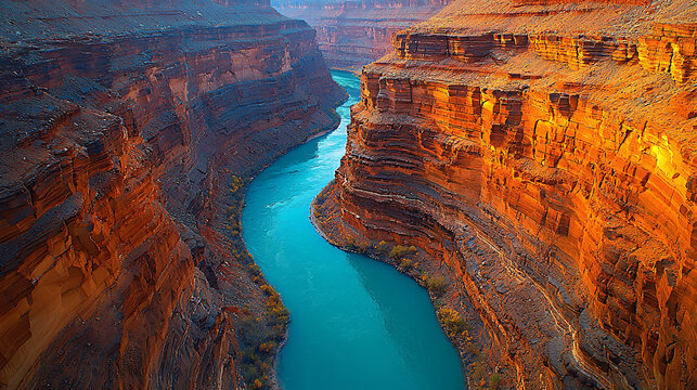 Overhead view of a turquoise river winding through a lush green landscape on a sunny day