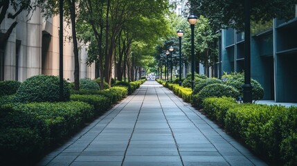 Obraz premium Urban pathway, trees, city, quiet, morning, walkway, greenery, calm