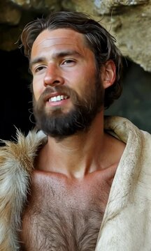 A man with a beard and a fur coat stands in front of a rock wall. He is wearing a white blanket and he is in a cave