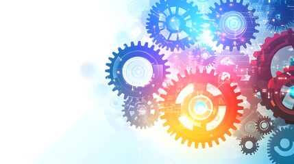 Brightly lit colorful gears connected to a digital network