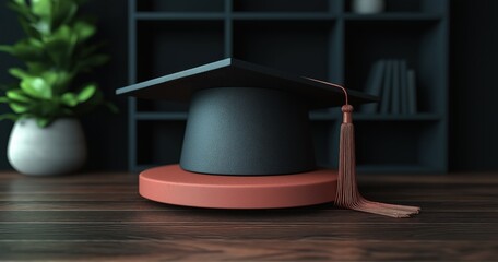 A stylish graduation cap sits atop a sleek base, showcasing a golden tassel in a contemporary indoor environment perfect for celebrating achievements