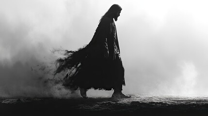 silhouette of jesus in a flowing robe walking black and white drawing