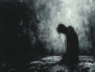 Obraz premium Solitary figure kneeling in despair and darkness