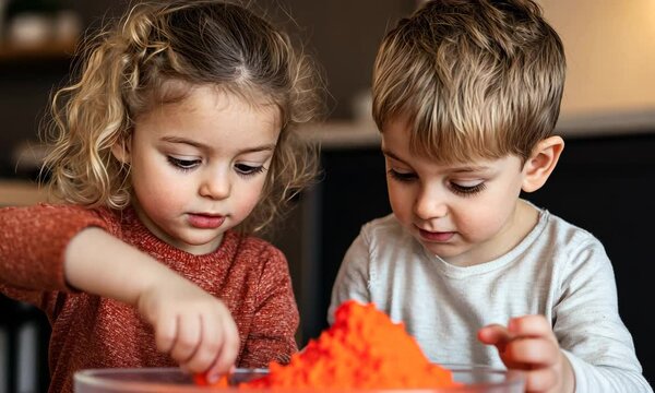 Two children intently creating with vibrant colored kinetic sand, showcasing creativity and joy while learning through playful interaction and exploration.