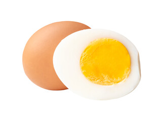 Front view of single raw chicken egg and peeled cooked or boiled egg with egg yolk in half in stack isolated with clipping path in png file format