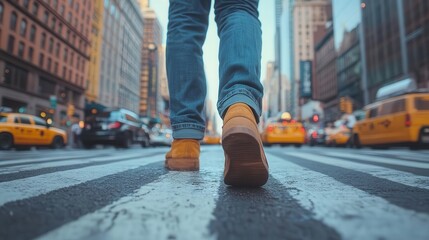 Urban life, close-up of feet crossing a busy street, vibrant city in the background