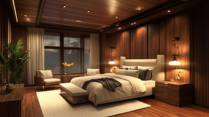 Modern wooden bedroom with cozy ambiance and plants