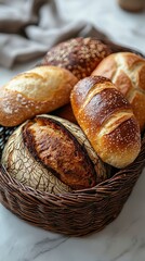 An artful display of organic breads nestled within a basket, showcasing the various shapes and textures that invite a sense of comfort and homeliness during any meal.