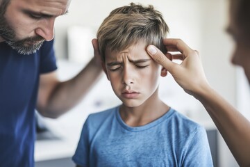 Fototapeta premium Father and son share emotional conversation at home during difficult time of illness