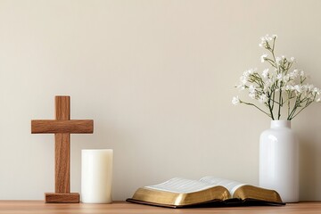 A minimalist desk setup with elegant Christian decor, featuring a small cross, an open Bible, and warm lighting for a peaceful ambiance.

