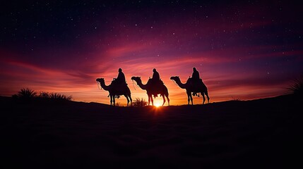 silhouette of three wise men on camels in the desert
