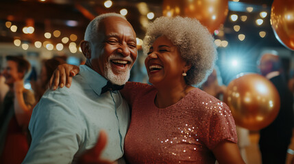 Happy elderly couple dancing and laughing at party enjoying life and retirement