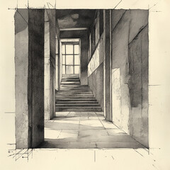 Obraz premium Architectural Illustration of a Sunlit Staircase in Vintage Pencil Sketch Style, Perfect for Classic Design and Interior Inspiration, with Intricate Details.