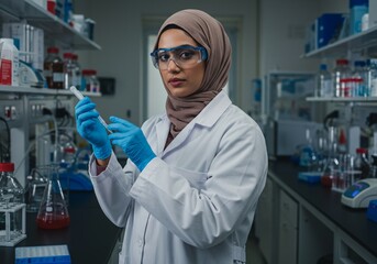 Confident Muslim Female Scientist Working in a Modern Laboratory