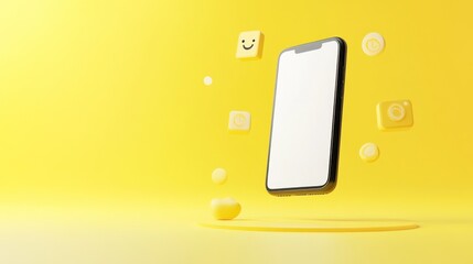 Smartphone mockup with app icons on yellow background.