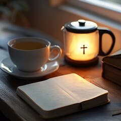 A minimalist desk setup with elegant Christian decor, featuring a small cross, an open Bible, and warm lighting for a peaceful ambiance.

