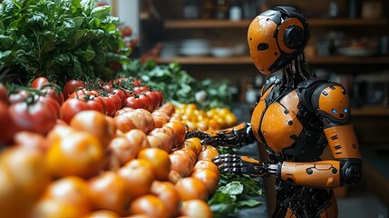Futuristic robot selecting fresh produce in a grocery store. Potential use Stock photo for technology, science fiction, and grocery store concepts