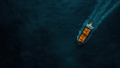 Cargo ship navigating through dark waters ocean aerial view maritime transport freight movement